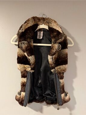 Guess Brown & Cream Faux Fur Hooded Vest
